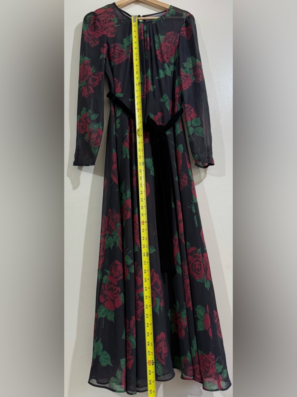 HOBBS Long Black Floral Maxi Dress with Velvet Waist Tie - Picture 6 of 6